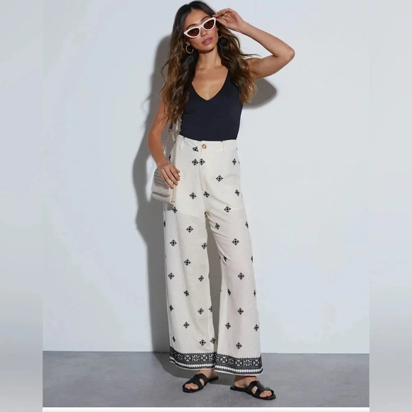 Fore Linen Straight Leg Embroidered Print Pants Resortwear boho tropical summer - Picture 1 of 13
